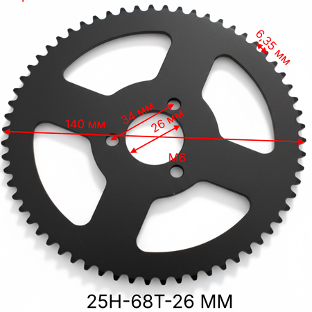 Звезда ведомая 68T 25H центральное отверстие 26 мм размеры